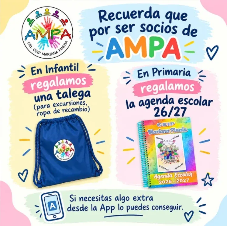 Cartel de beneficios de ser socio de AMPA con la talega de Infantil y la agenda escolar 2026-2027