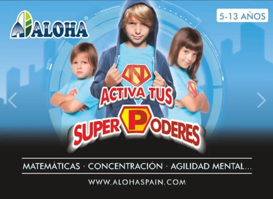 Cartel de ALOHA Mental Arithmetic con niños y niñas superhéroes y el lema "Activa tus superpoderes"