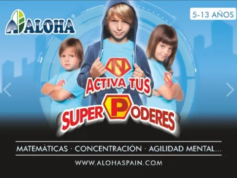 Cartel de ALOHA Mental Arithmetic con niños y niñas superhéroes y el lema "Activa tus superpoderes"