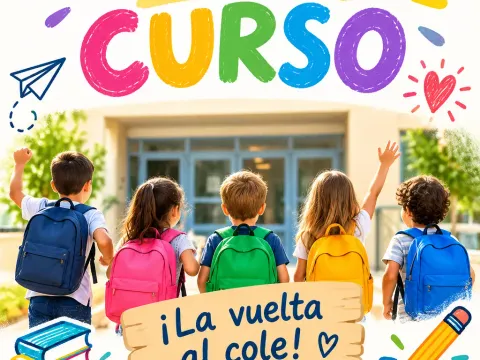 Niños y niñas con mochilas de colores caminando hacia el colegio con el cartel ¡La vuelta al cole!