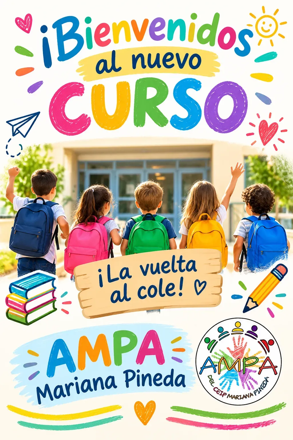 Cartel de bienvenida al nuevo curso con niños y niñas caminando hacia el colegio