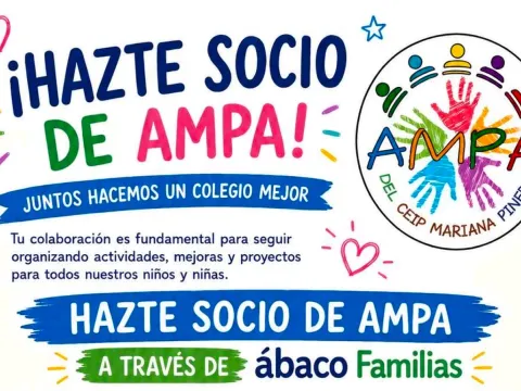 Cartel ¡Hazte Socio de AMPA! con el lema Juntos hacemos un colegio mejor y el logo del AMPA del CEIP Mariana Pineda