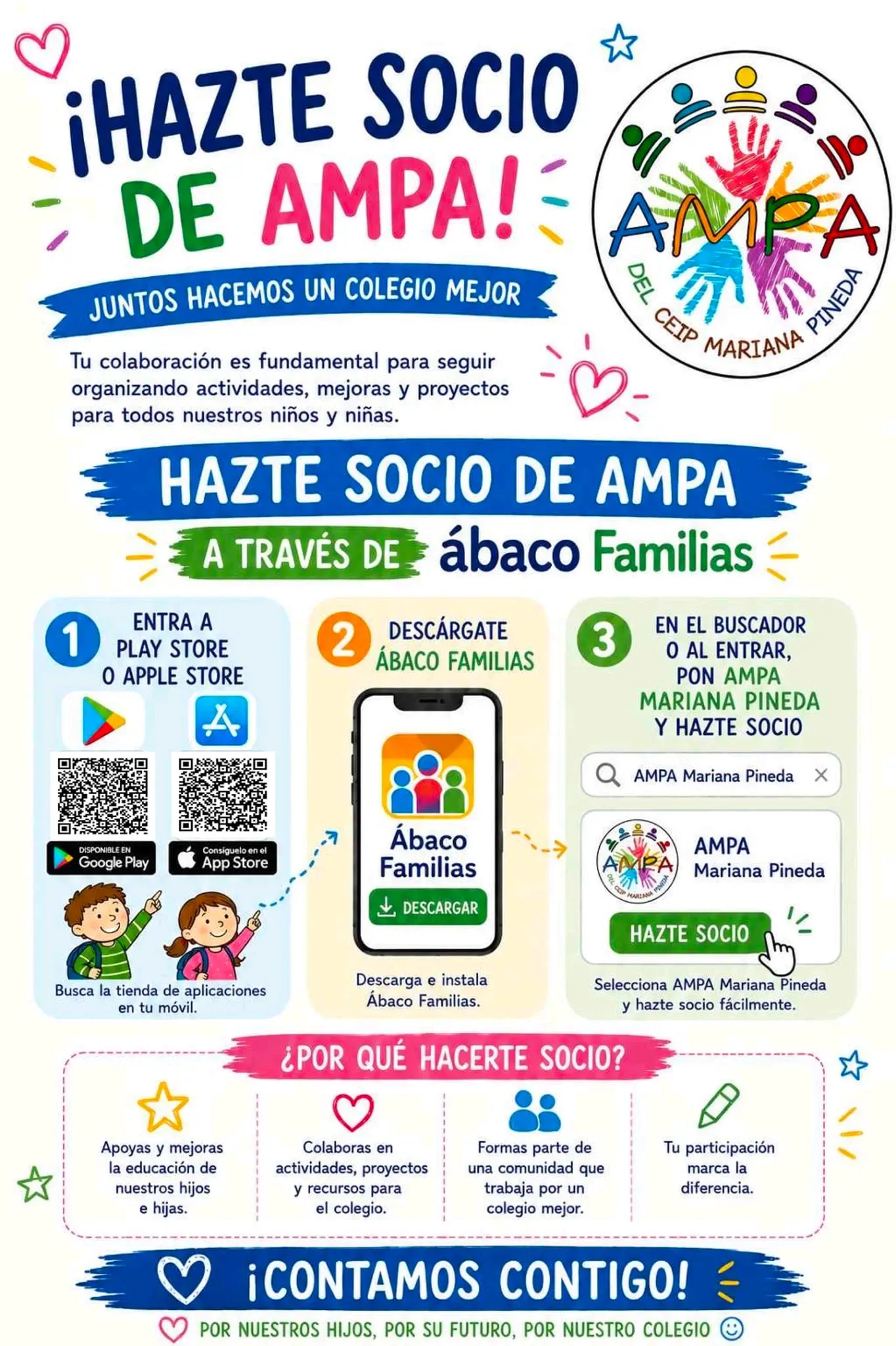 Cartel completo Hazte Socio de AMPA con los pasos para unirse a través de Ábaco Familias y los motivos para hacerse socio